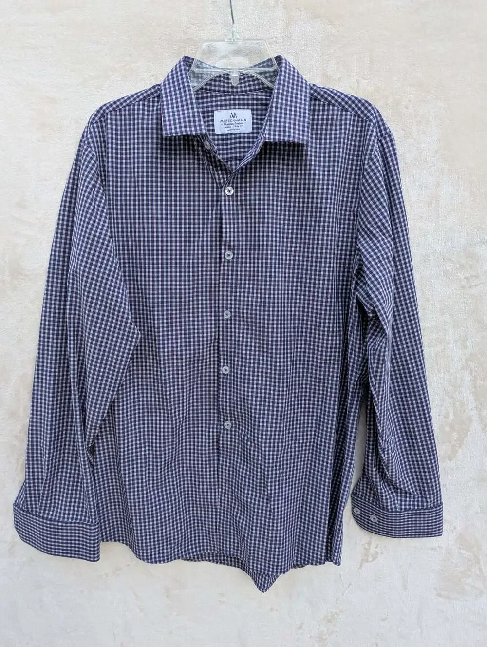 Mizzen + Main Performance Dress Shirt Large Trim Fit Blue Red Gingham Check